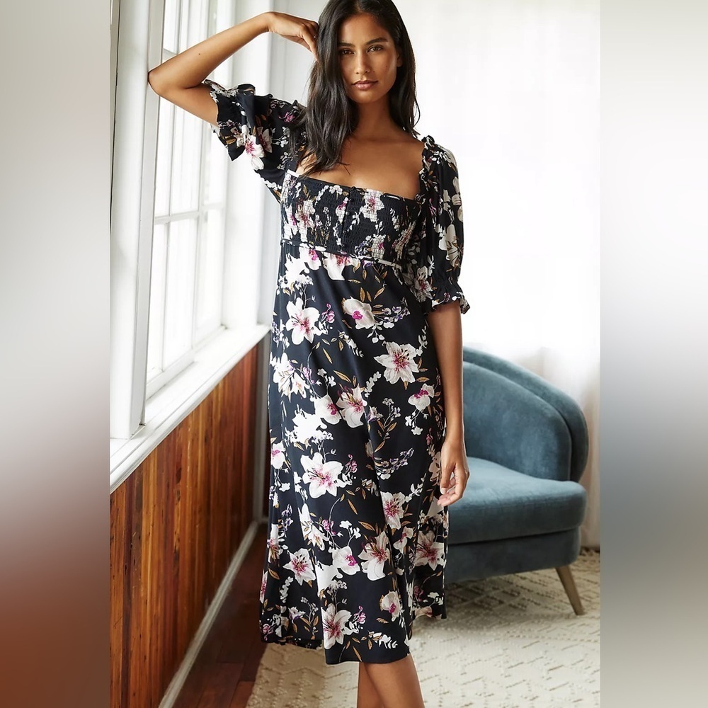 By Anthropologie Puff-Sleeve Smocked Midi Floral Dress